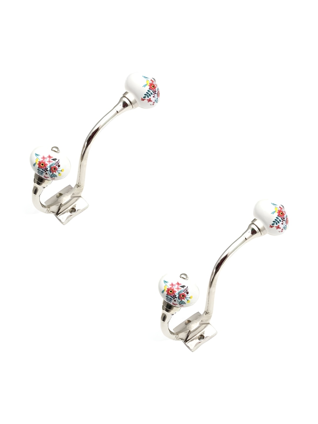 

IndianShelf White & Red 2 Pieces Floral Printed Ceramic Wall Hooks