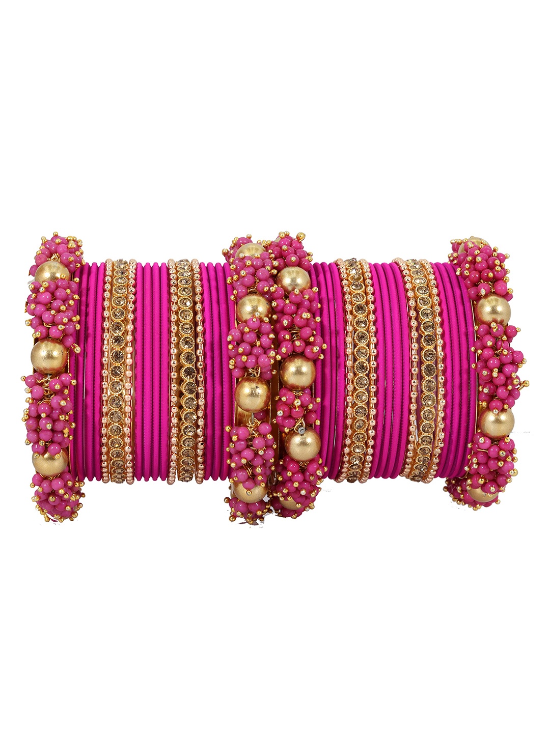 

ZULKA Set of 42 Zircon Gemstone with Pearls Studded Matte Metal Bangles, Pink