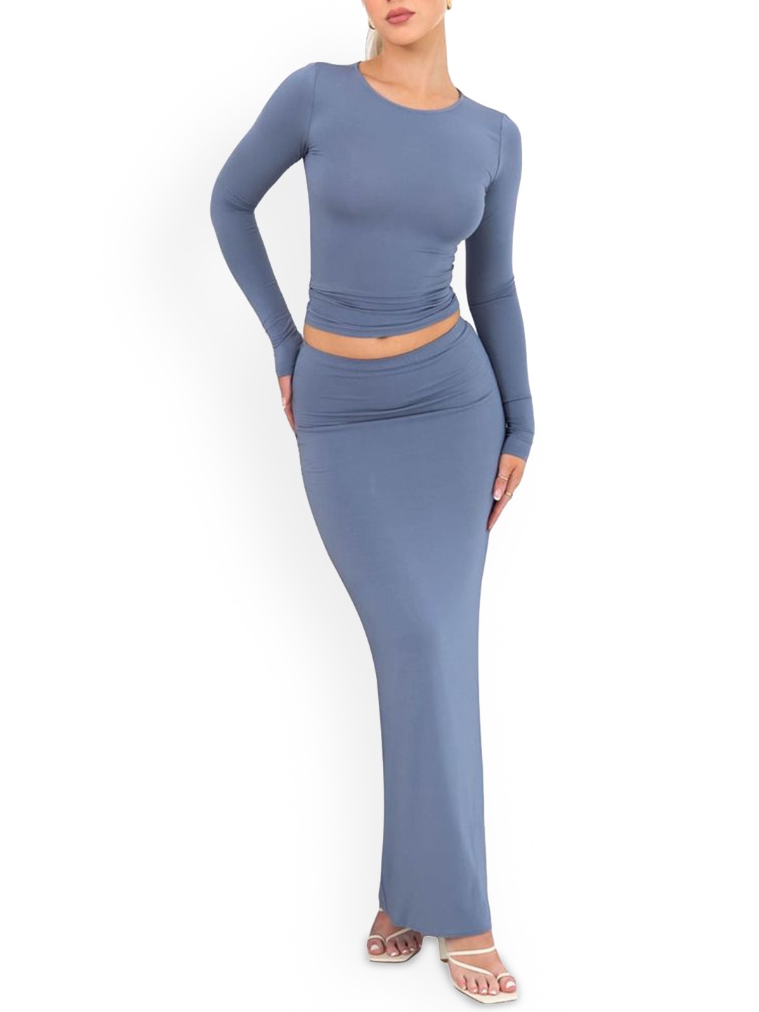 

LULU & SKY Round Neck Long Sleeves Top With Skirt, Blue