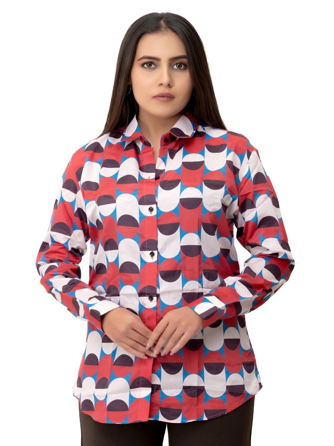 

MatterBlue Women Comfort Spread Collar Geometric Printed Relaxed Fit Casual Shirt, Red