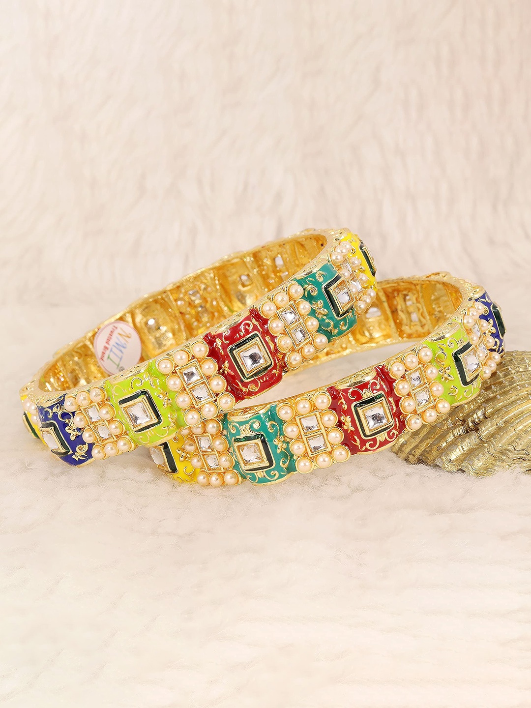 

ZULKA Set of 2 Kundan and Pearl with Traditional Look Metal Kada, Multi