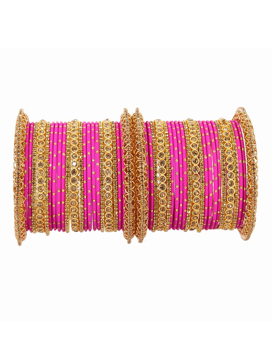 

ZULKA Set of 46 Studded with Zircon Gemstone or Zari Dotted Bangles, Pink