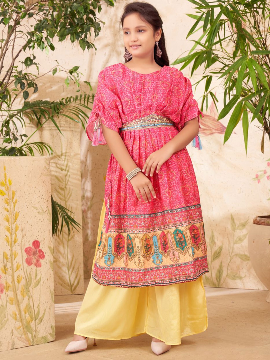 

Sangria Girls Printed & Mirror Work Embroidered Kurta & Palazzos, Pink