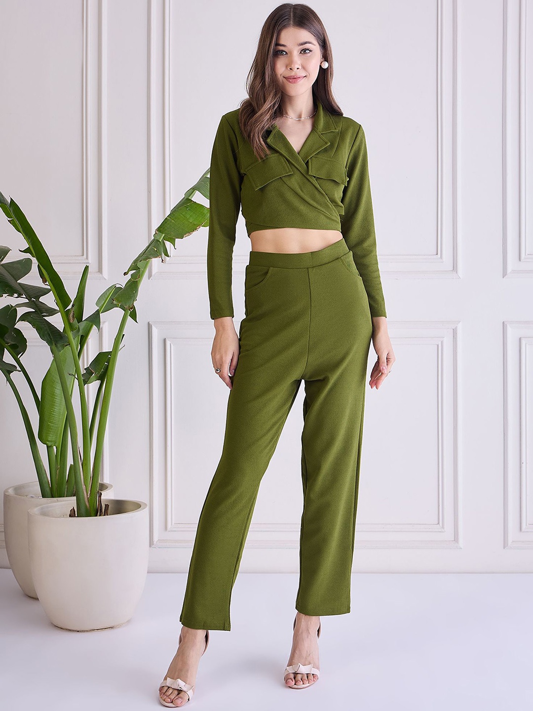

WESTHOOD Long Sleeve Shirt Collar Top With Trouser, Green