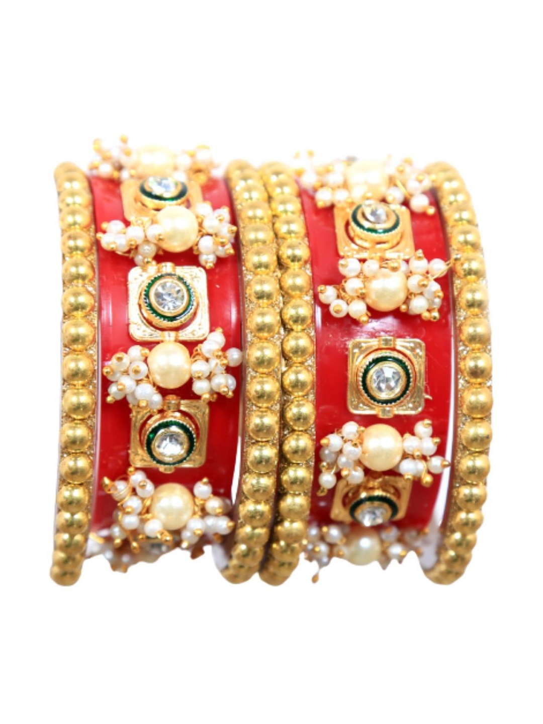 

Align Set of 2 Gold-Plated Artificial Stone-Studded & Beaded Chudas, Red