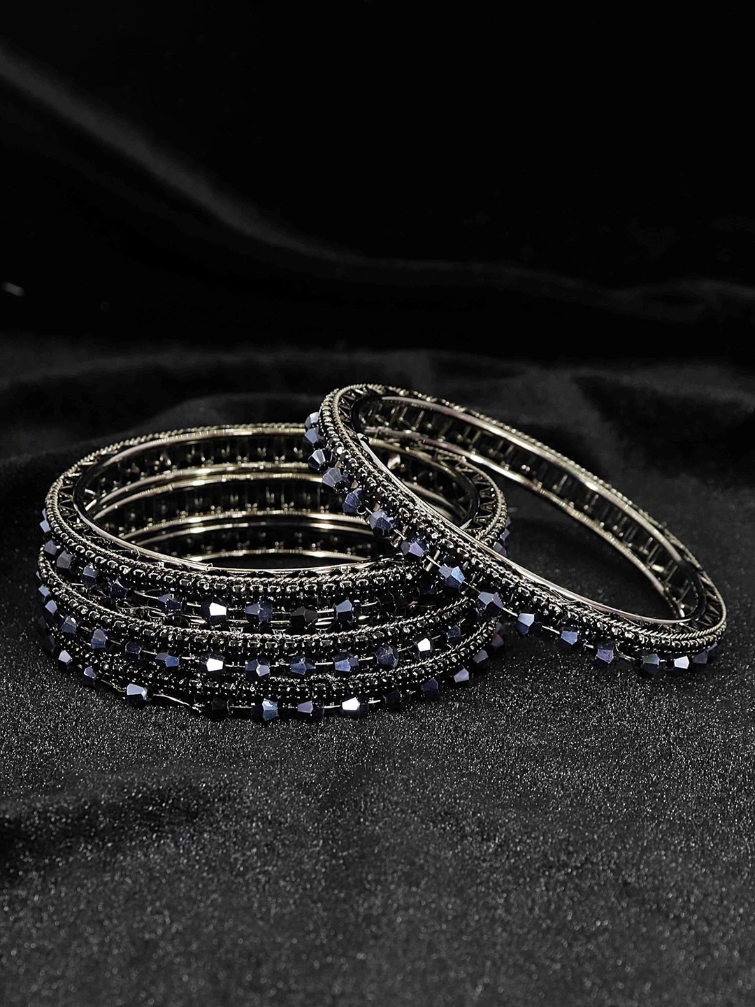 

ZULKA Set of 4 Stylish Metal Zircon Gemstone & Pearls Beads Bangles Kada, Black