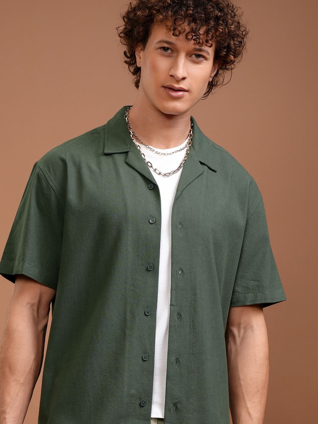 

HIGHLANDER Men Cuban Collar Solid Cotton Relaxed Fit Casual Shirt, Olive