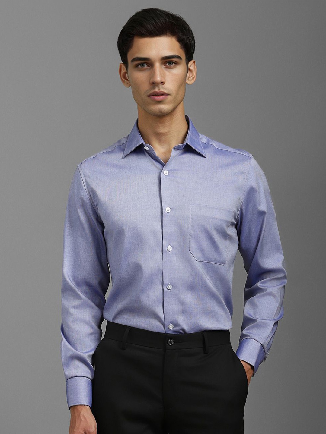 

Louis Philippe Men Classic Fit Spread Collar Solid Cotton Formal Shirt, Blue