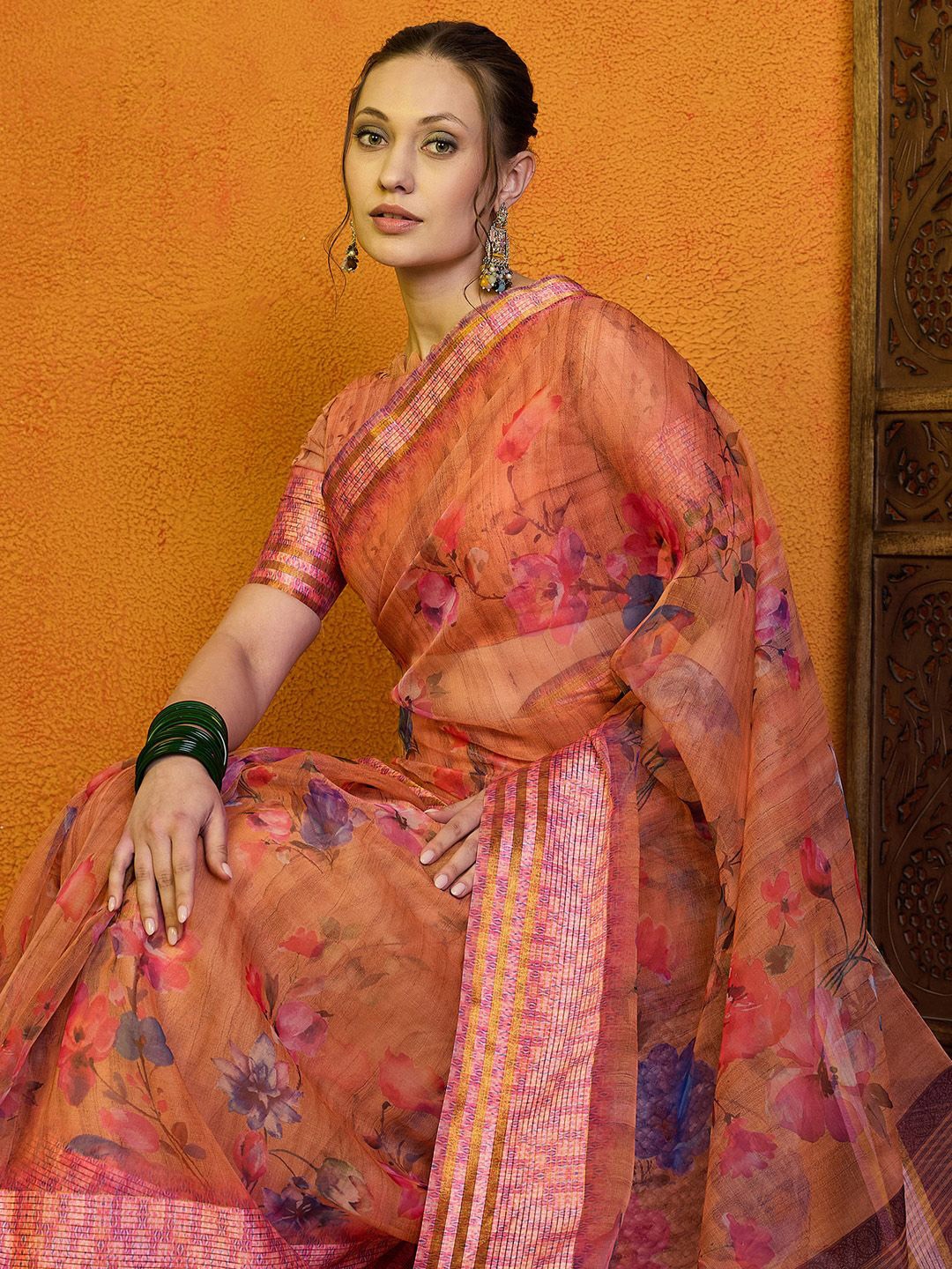 

Sangria Floral Printed Bagru Saree, Peach