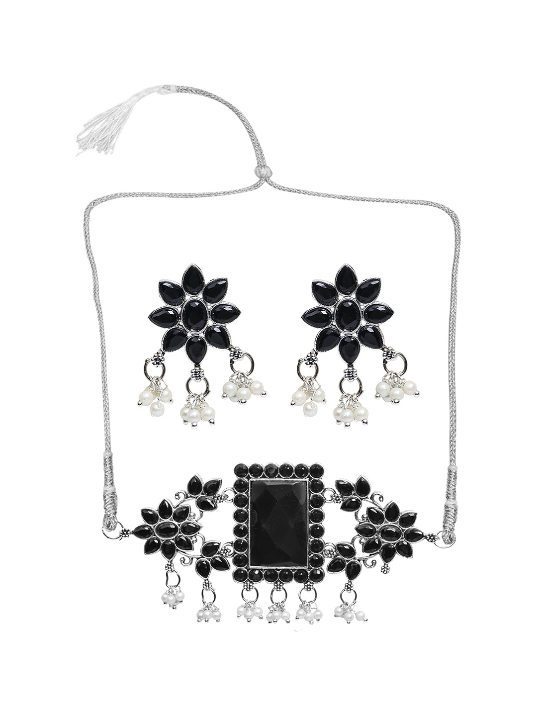 

SUNHARI Stone-Studded & Pearls Beaded Jewellery Set, Silver