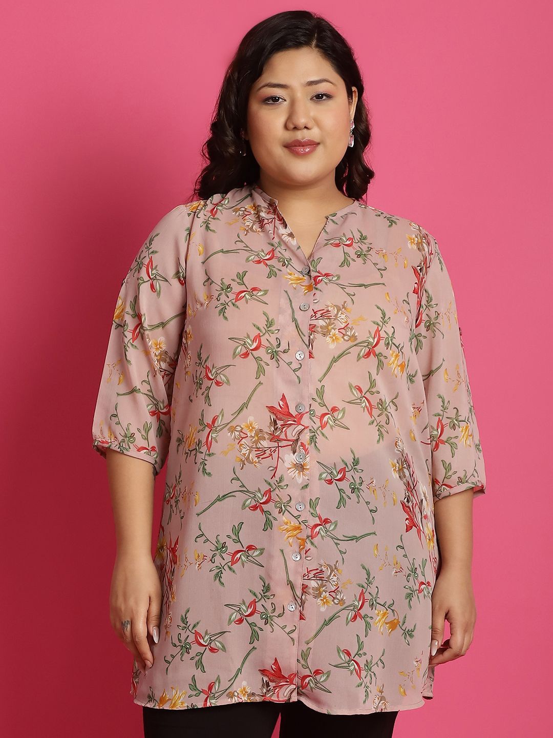 

theRebelinme Women Plus Size Relaxed Collarless Floral Printed Oversized Casual Shirt, Pink