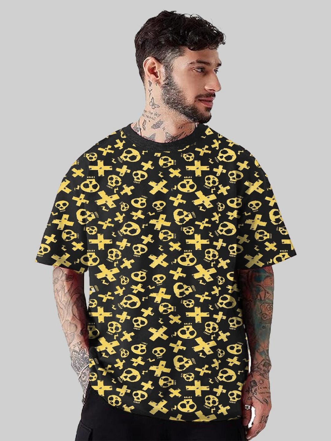 

Leotude Men Conversational Printed Round Neck Cotton Oversized T-shirt, Black