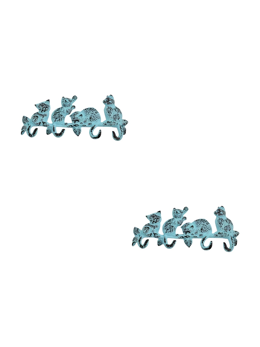 

IndianShelf Turquoise Blue & Black 2 Pieces Textured Iron Cat Shaped Wall Hooks