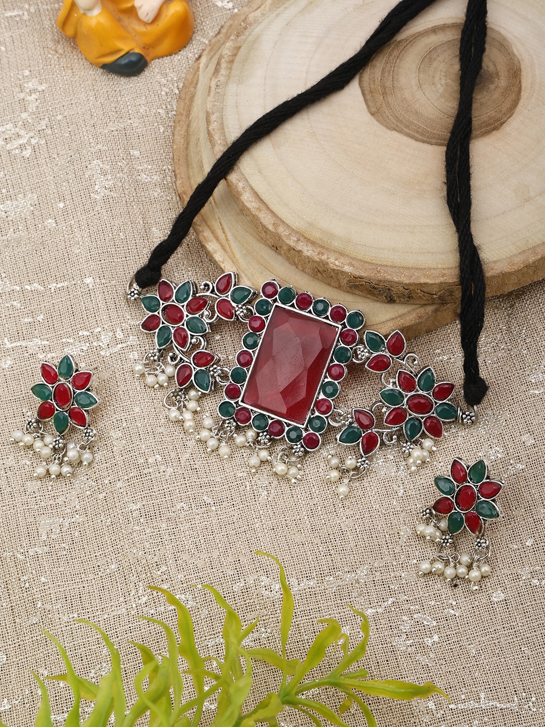 

SUNHARI Stone-Studded & Beaded Jewellery Set, Silver