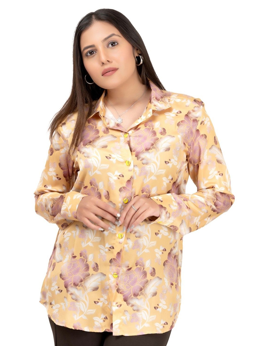 

MatterBlue Women Comfort Spread Collar Floral Printed Satin Relaxed Fit Casual Shirt, Yellow