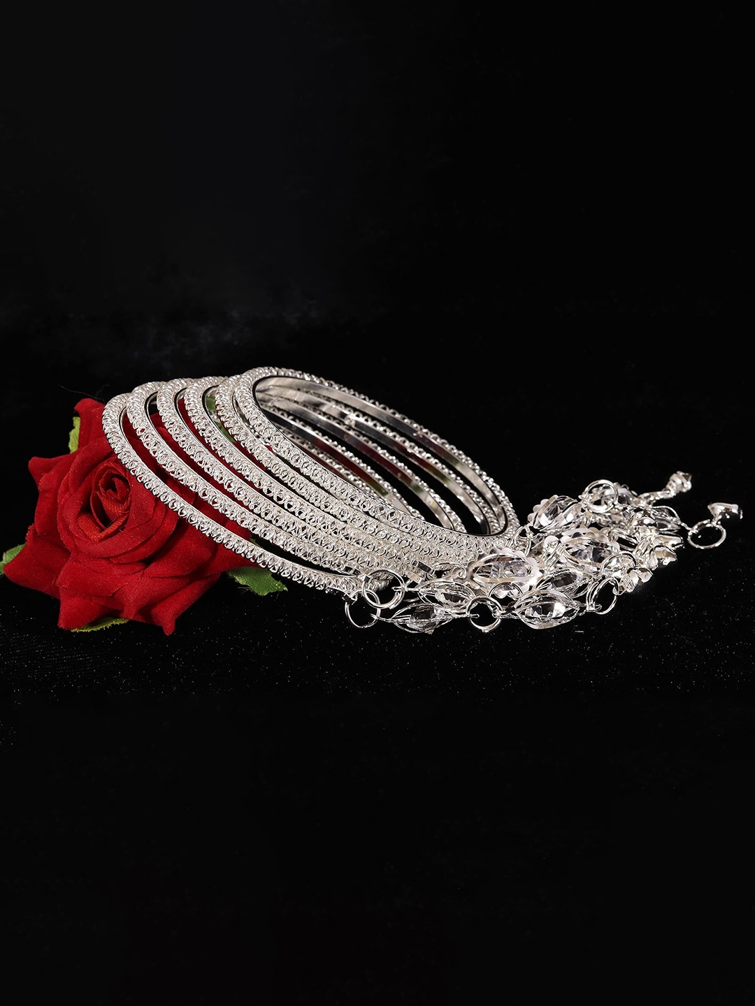 

ZULKA Set of 12 Zircon Stone and Bells Latkan Metal Bangles, Silver