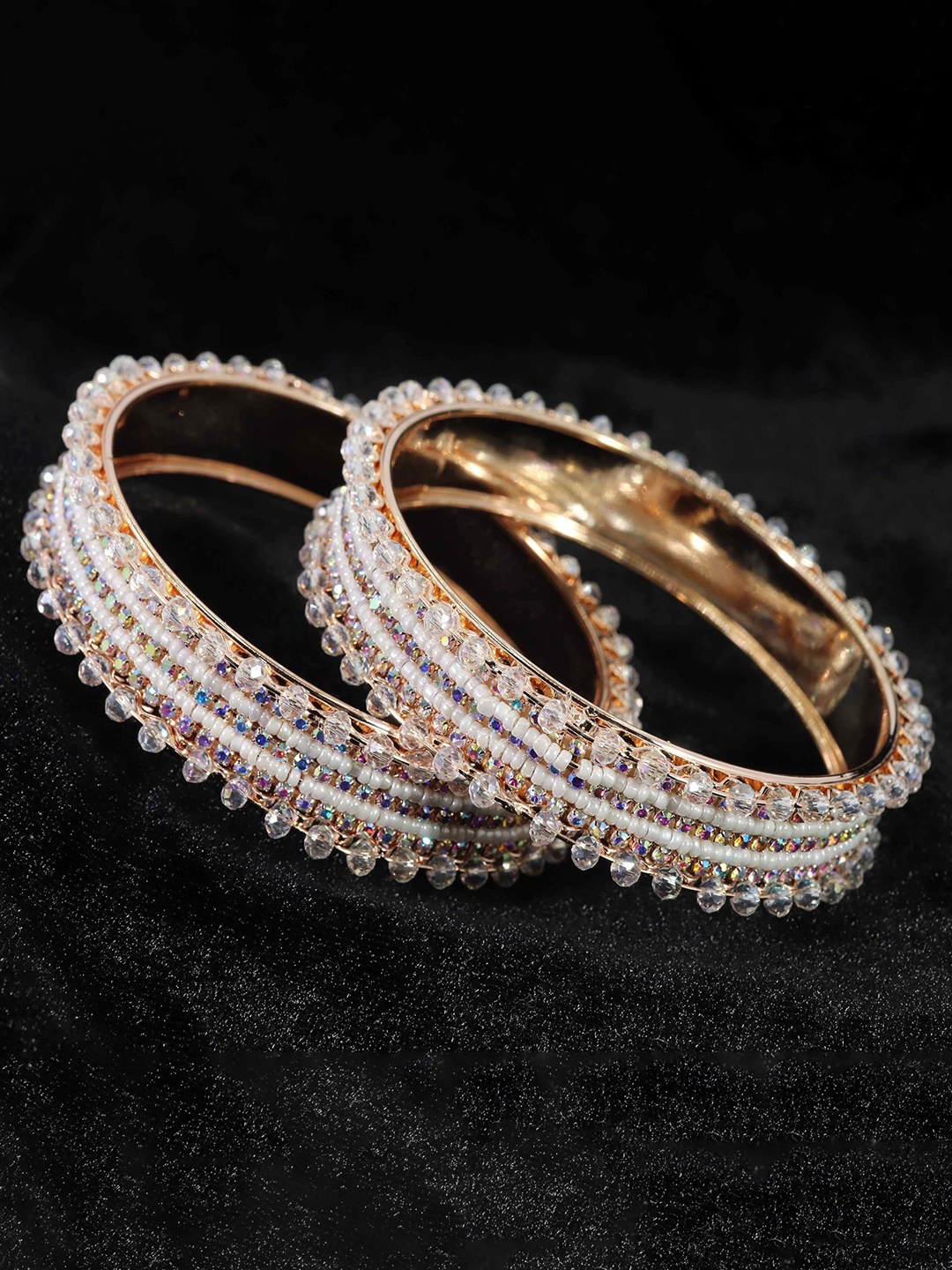 

ZULKA Set of 2 Pearls Zircon Gemstone Metal Bangles, Cream
