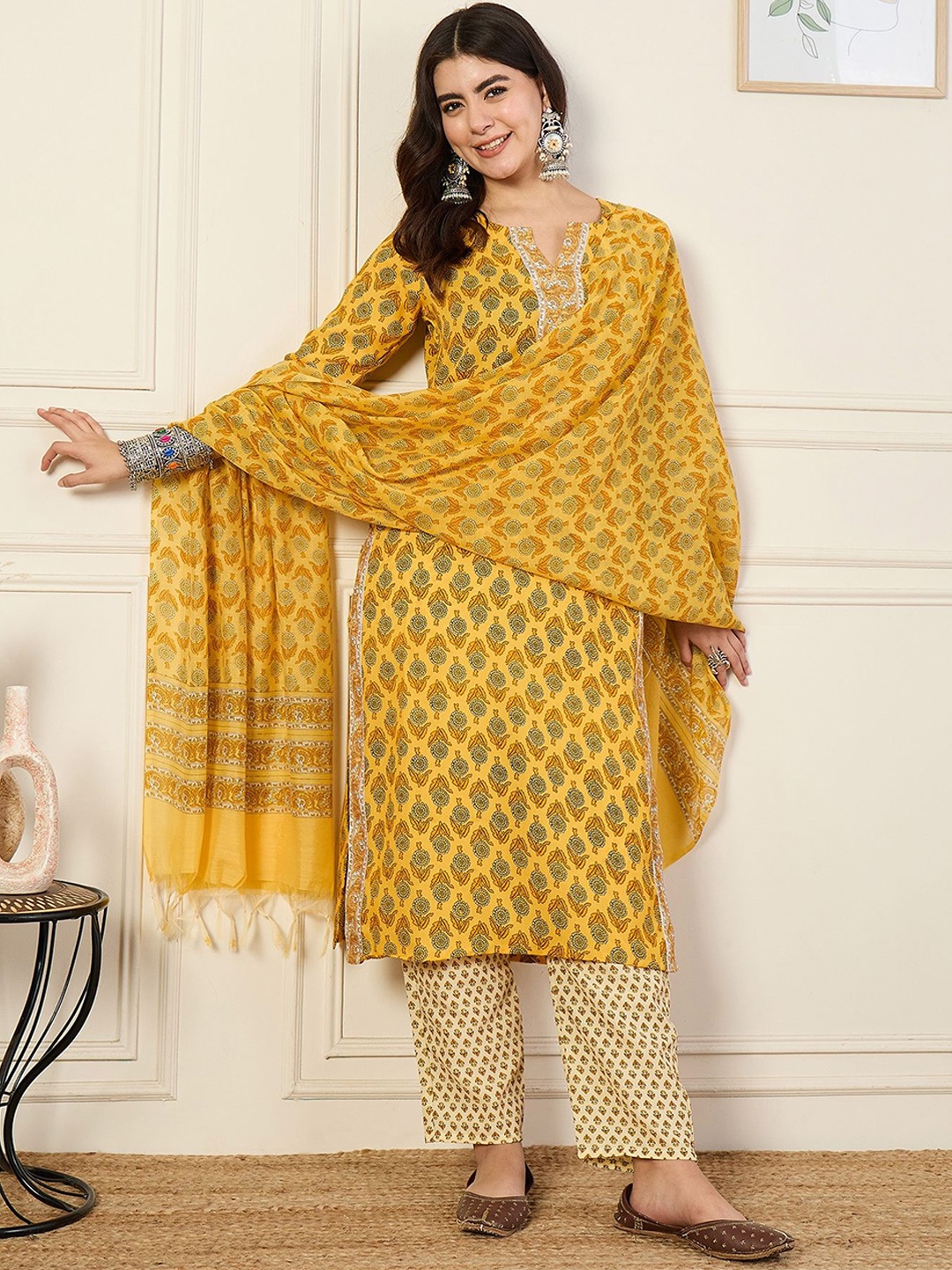

KALINI Ethnic Motifs Print Straight Kurta with Trousers & With Dupatta, Mustard