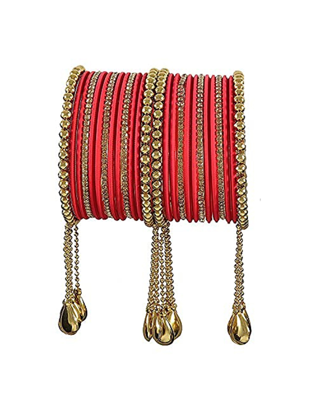 

ZULKA Set Of 26 Zircon Gemstone Metal Latkan Bangle, Red