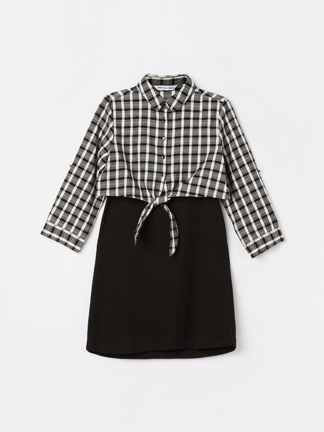 

Fame Forever by Lifestyle Girls Checked Shirt Collar Cotton Fit & Flare Dress, Black