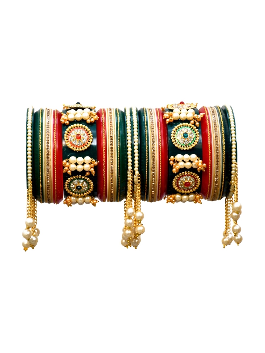 

Align Set of 2 Gold-Plated Artificial Stone-Studded & Beaded Chudas, Green