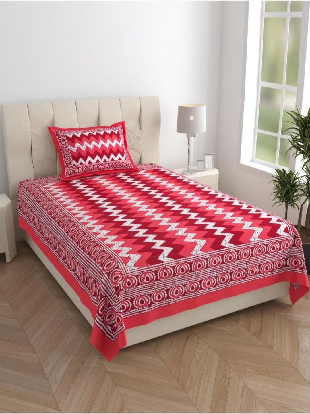 

UNIQCHOICE Red & White Geometric 120 TC Cotton Single Bedsheet Set-2.25 m x 1.50 m