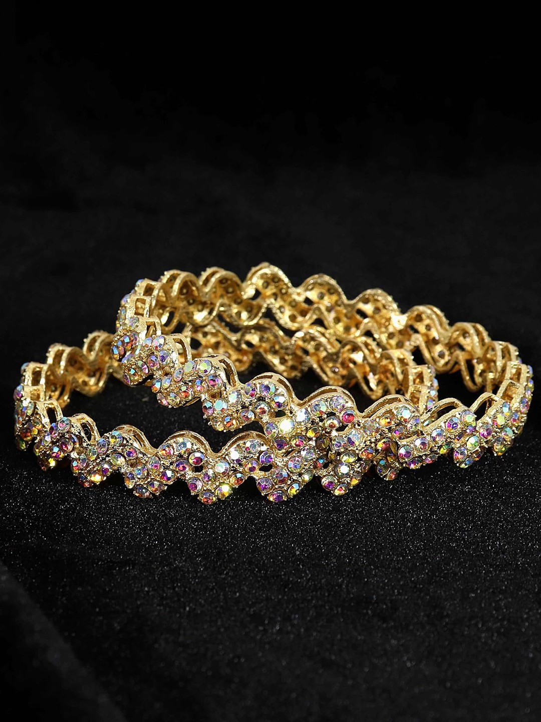 

ZULKA Set of 2 Gold Plated Zig-Zag Design Artificial Stones Studded Kada Bangles
