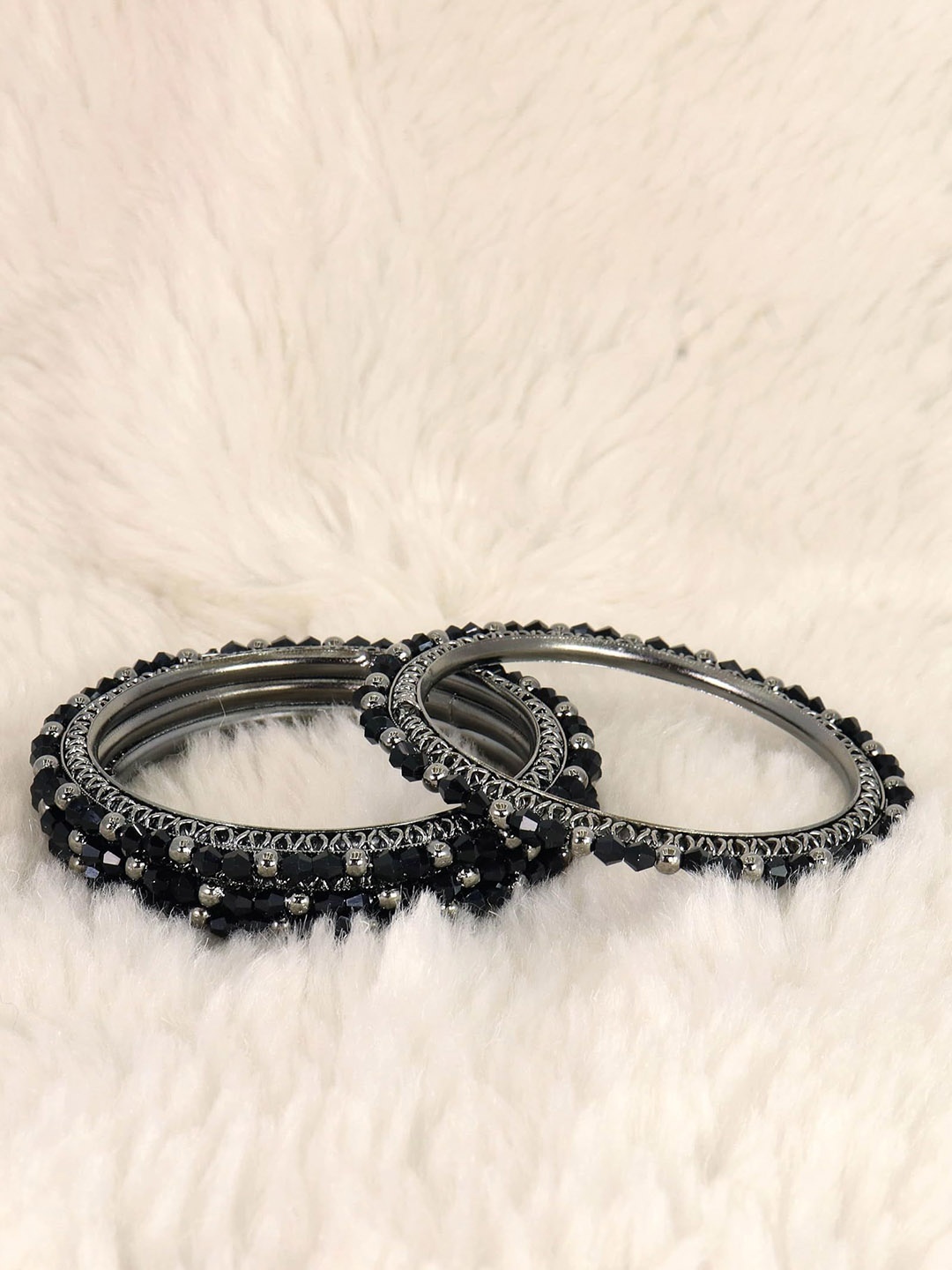 

ZULKA Set of 4 Silver-Plated Pearls Stones Studded Balls Kada Bangles, Black