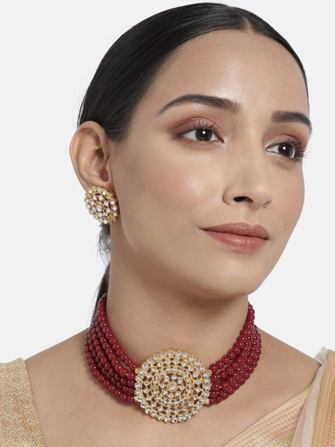 

SUNHARI Gold-Plated Stone Studded & Beaded Jewellery Set