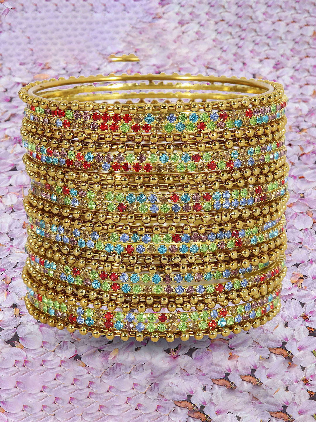 

Set of 24 Non-Precious Metal Base Zircon Gemstone Studded Ballchain Linked Bangles, White