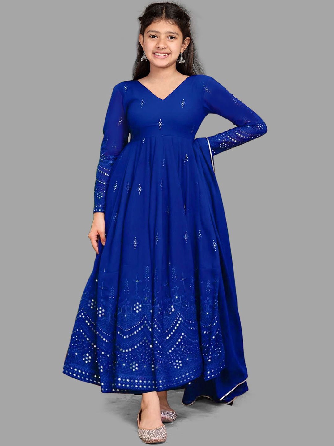 

BAESD Girls Ethnic Motifs Embroidered Zari Georgette Anarkali Kurta With Dupatta, Blue