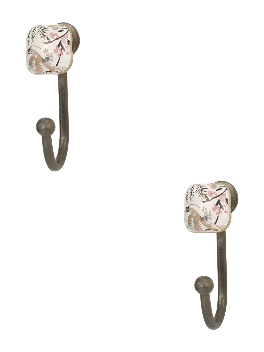 

IndianShelf White & Beige 2 Pcs Floral Printed Ceramic Wall Hooks