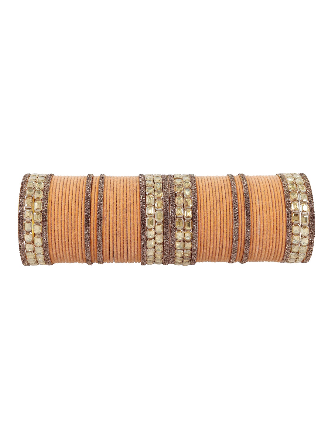 

ZULKA Set of 68 Alloy Base Velvet Finish Artificial Studded Bangle, Peach