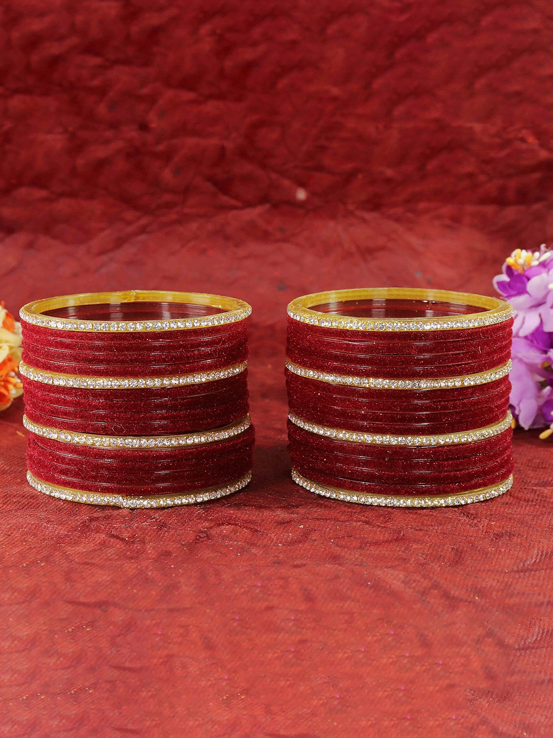 

ZULKA Set of 32 Glass Velvet & Golden Zircon Diamond Stone Bangles, Pink