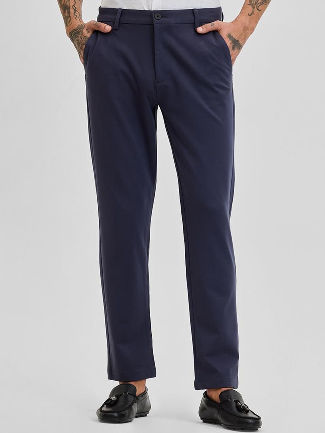 

Snitch Men Smart Slim Fit Trousers, Navy blue