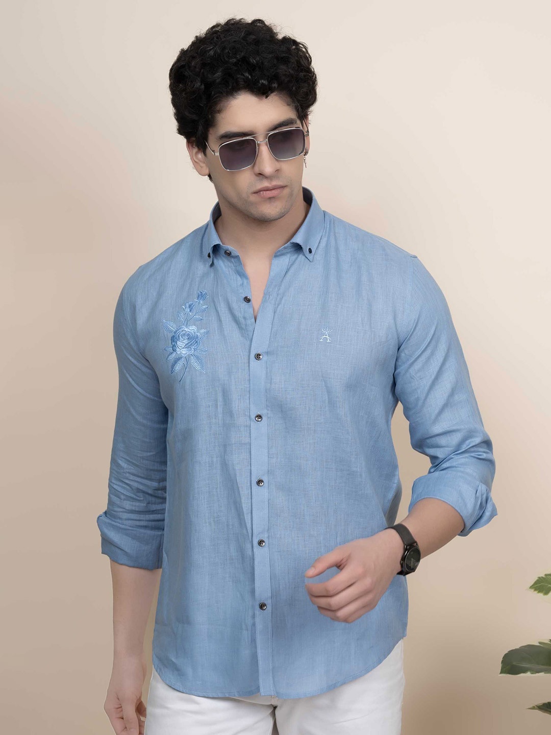 

ALMATY Men Comfort Button-Down Collar Floral Solid Linen Casual Shirt, Blue