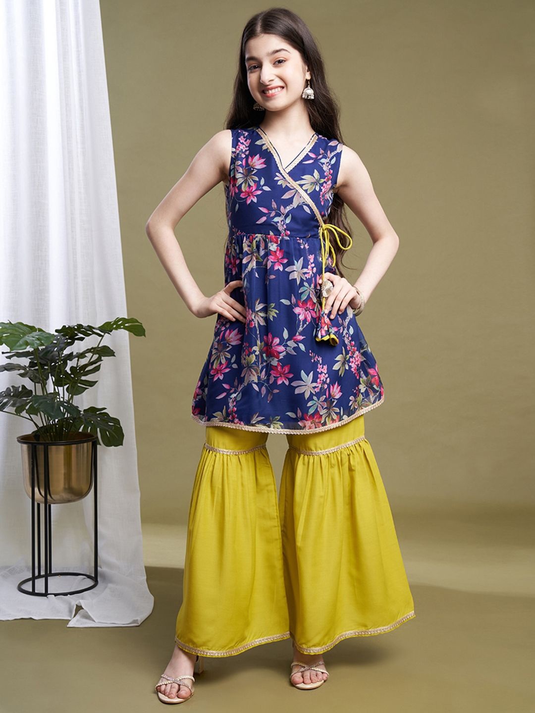 

CurlyTales Girls Floral Printed Satin Wrap Dress, Navy blue