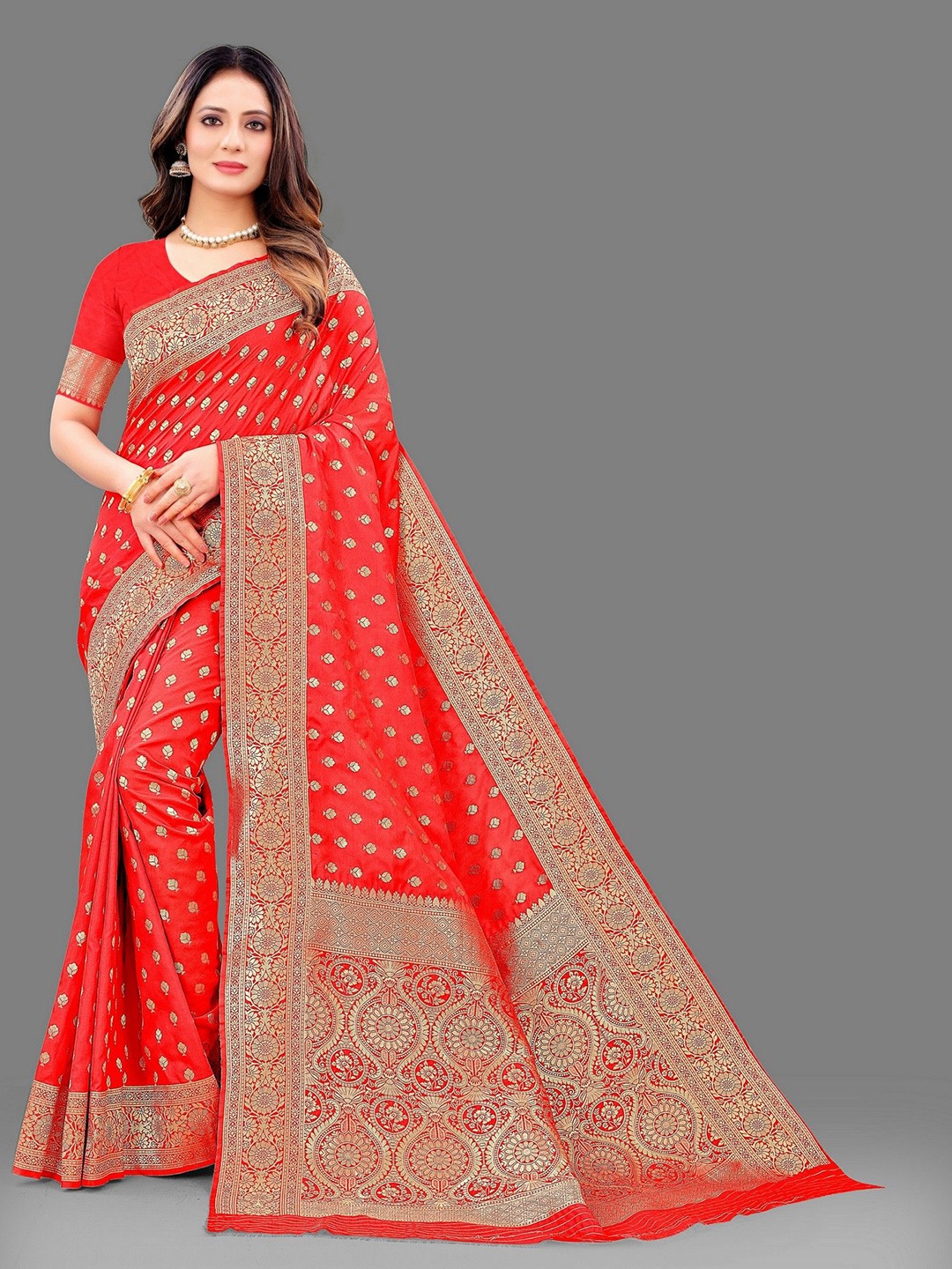 

VARNI FABRICS Woven Design Zari Pure Silk Saree, Red