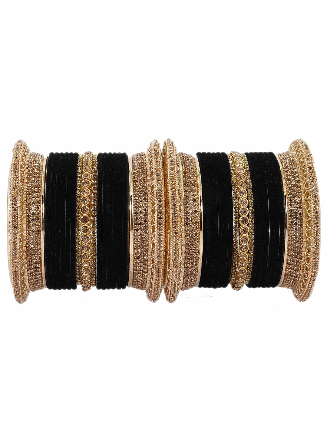 

ZULKA Set of 34 Metal Zircon Gemstone Studded Velvet Bangles, Gold