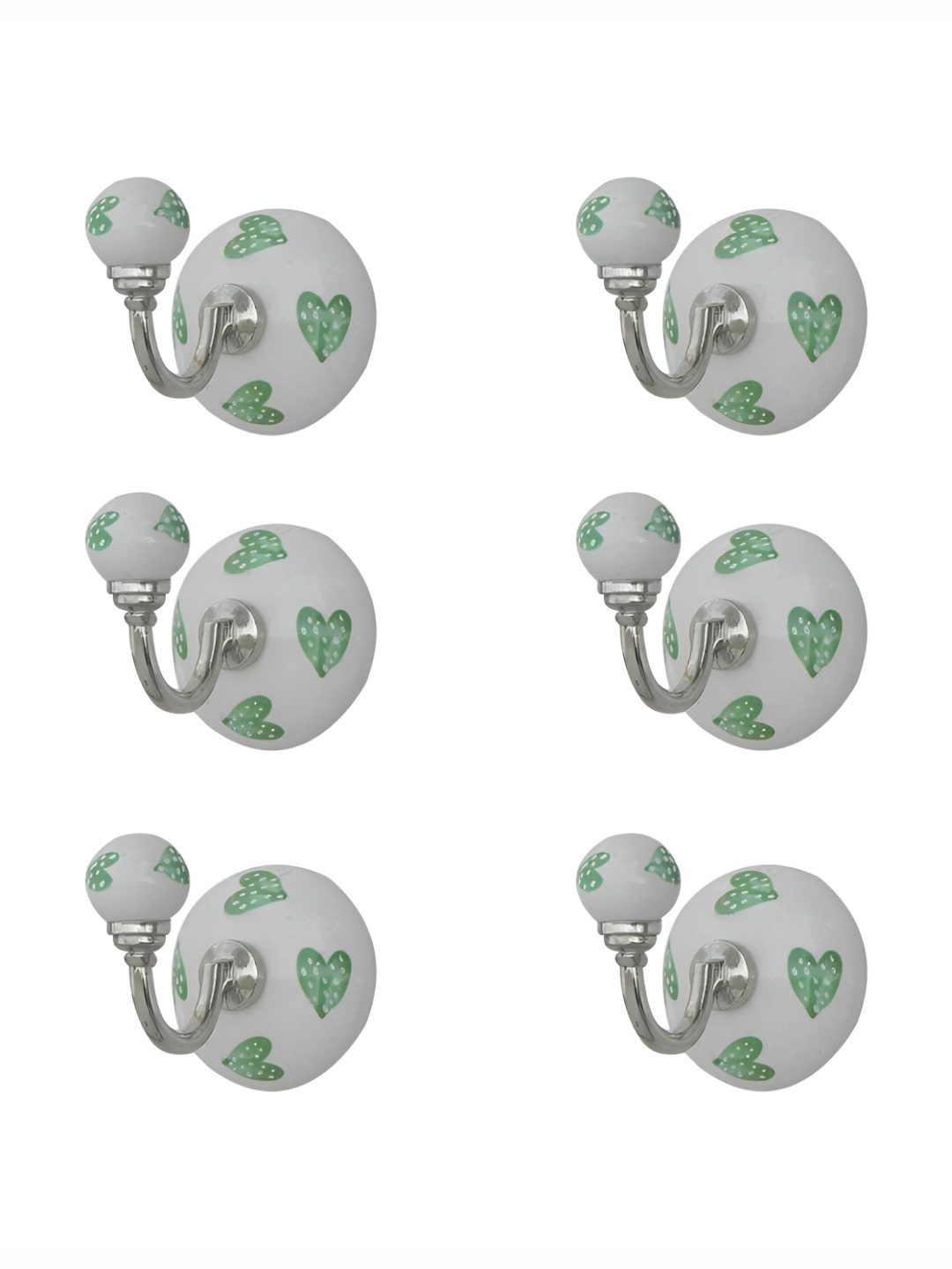 

IndianShelf Green & White 6 Pieces Ceramic Heart Wall Hangers Hooks