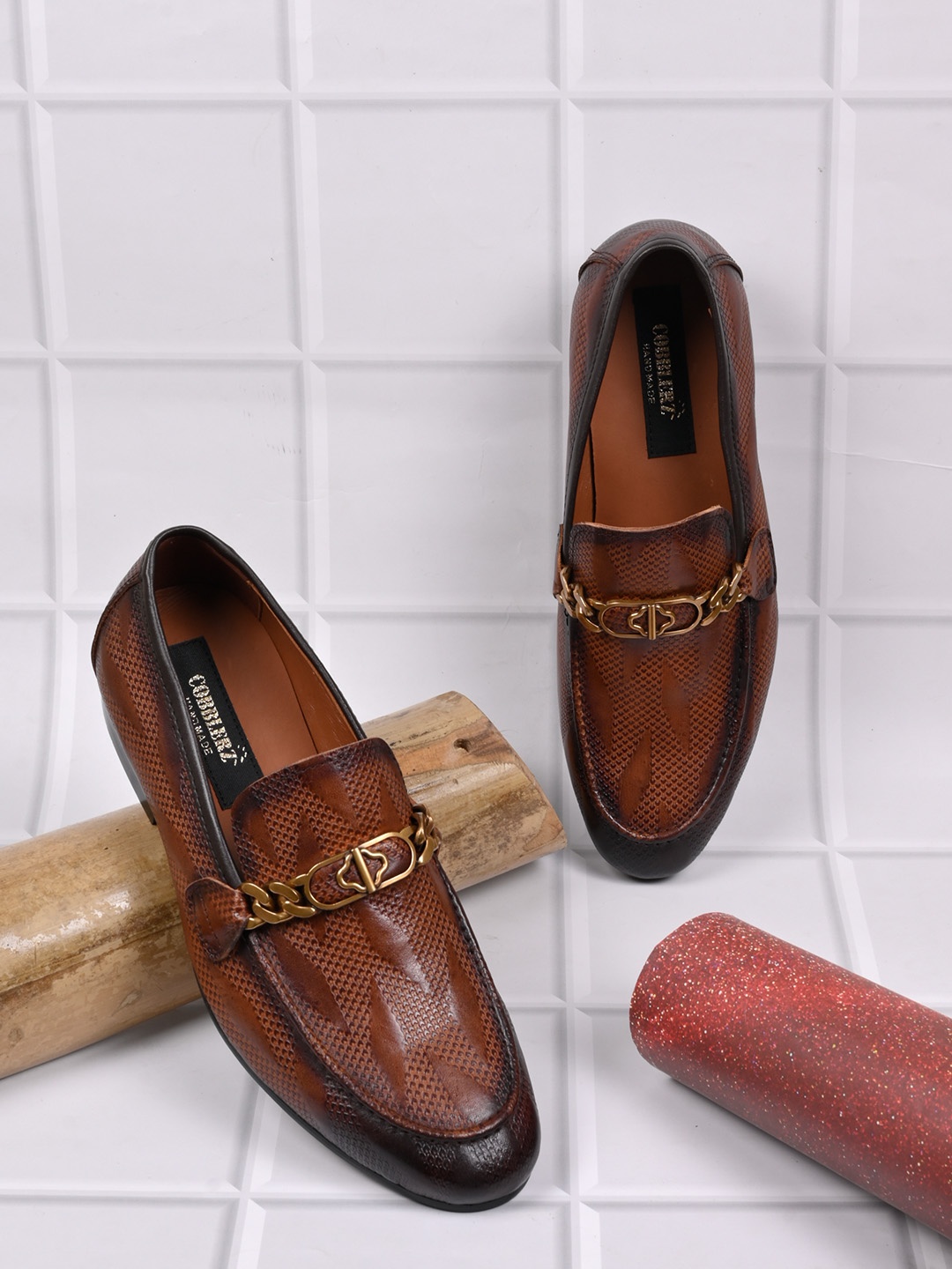 

Cobblerz Men Printed Leather Loafers, Brown