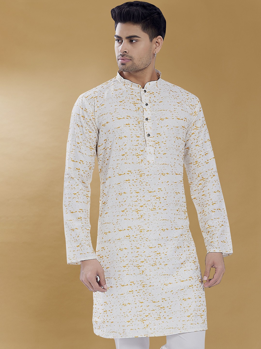 

DIVISIVE Mandarin Collar Abstract Printed Sequinned Straight Kurta, White