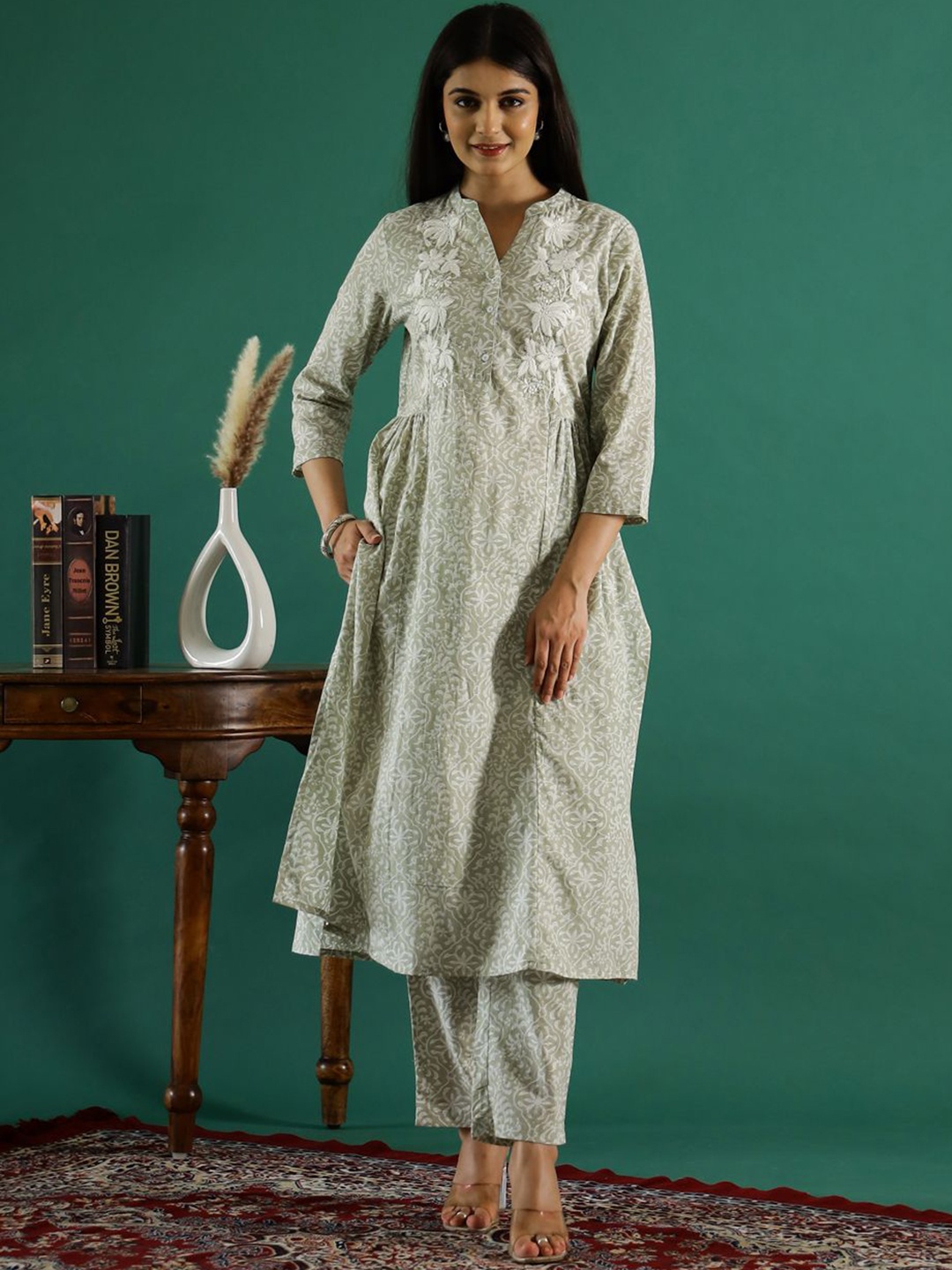 

RangDeep Women Floral Printed Pleated Thread Work Pure Cotton Kurta with Trousers, Green