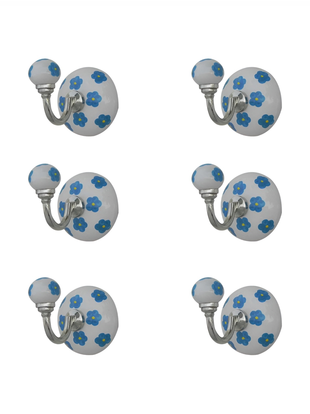 

IndianShelf White & Blue 6 Pieces Flower Printed Ceramic Wall Hooks