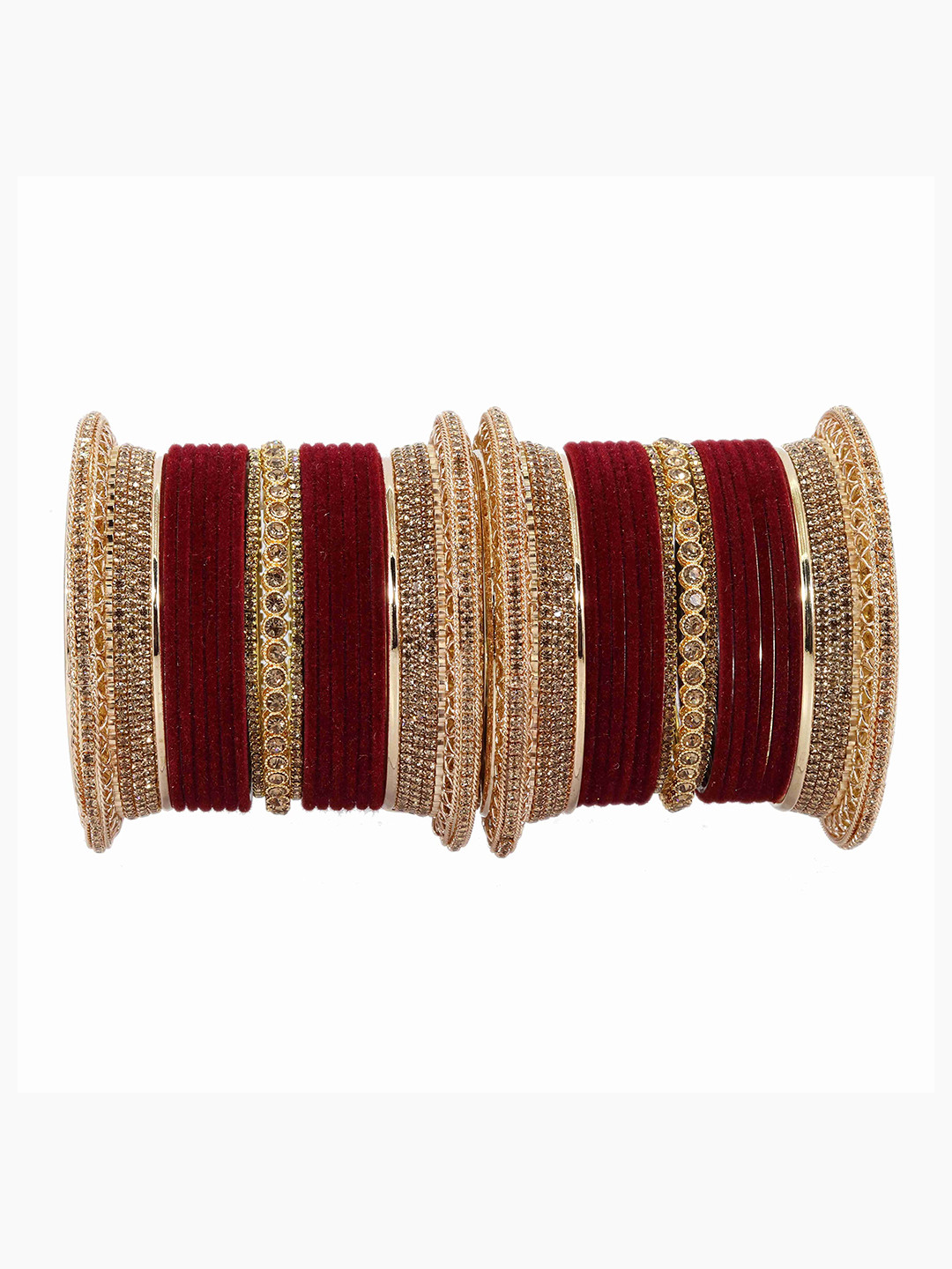 

ZULKA Set of 34 Non-Precious Metal Zircon Gemstone Studded Velvet Traditional Bangles, Red