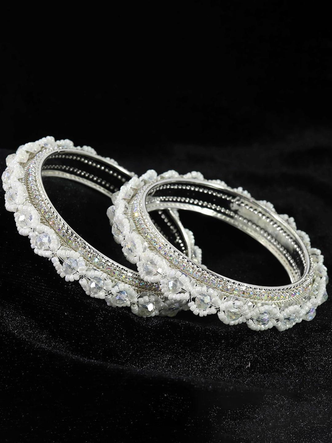 

ZULKA Set of 2 Metal Moti & American Diamond Bangles, Silver