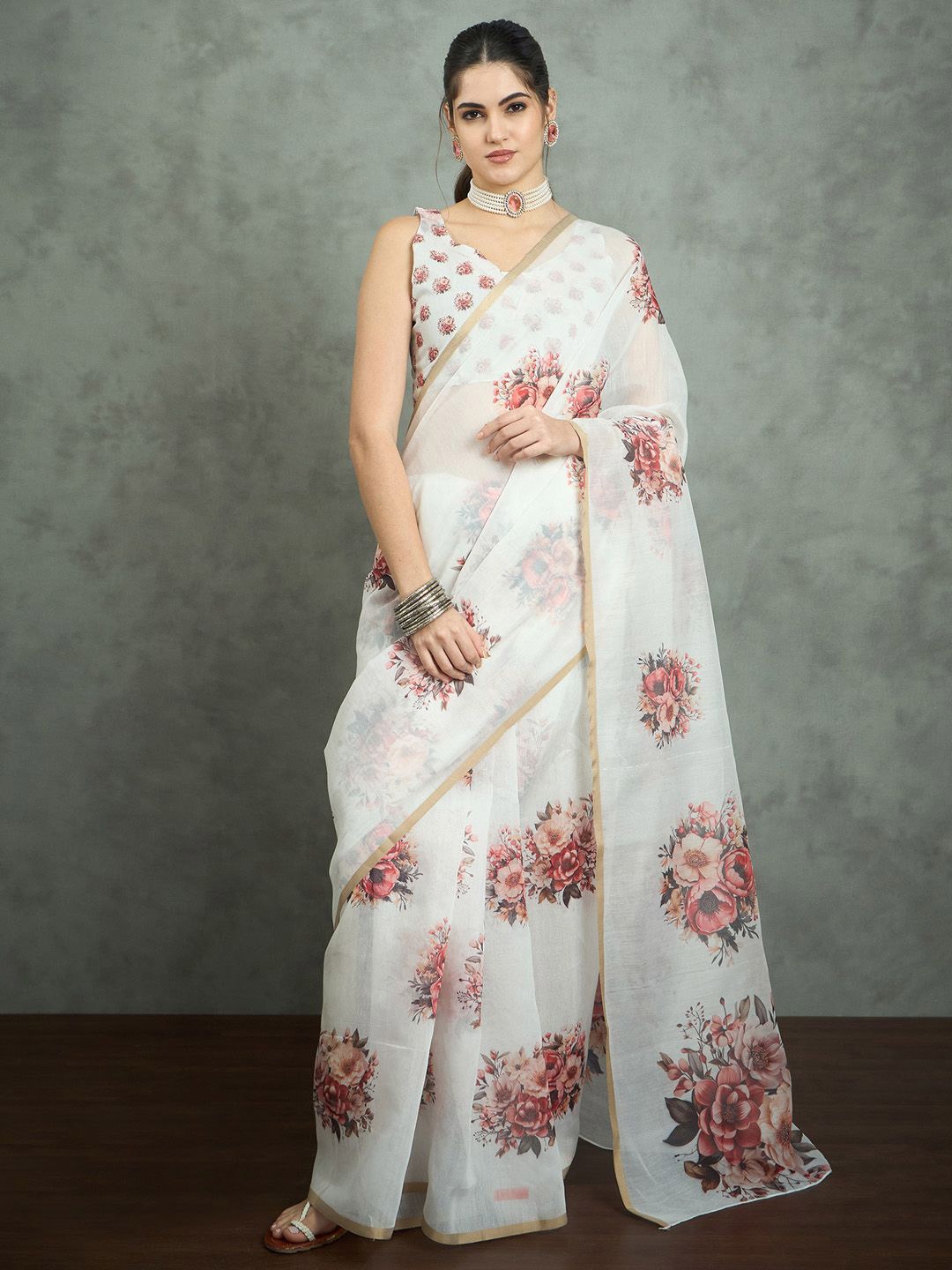 

Mitera Women Floral Printed Zari Saree, White