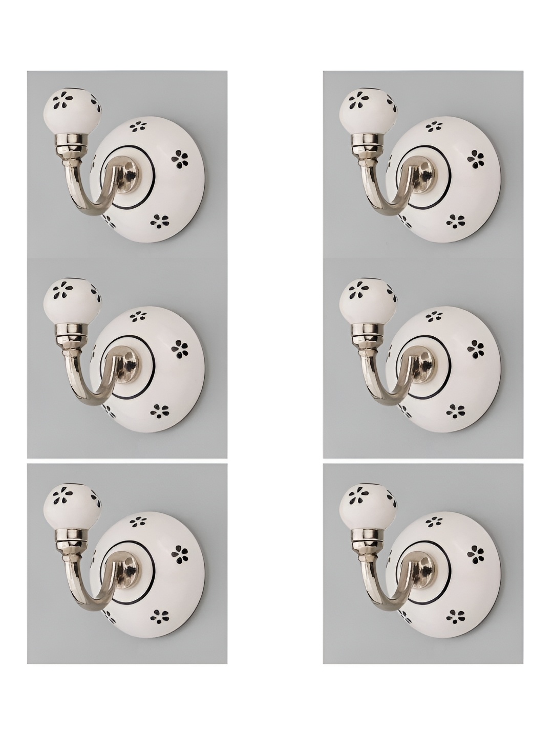 

IndianShelf White & Black 6 Pieces Floral Printed Ceramic Wall Hooks