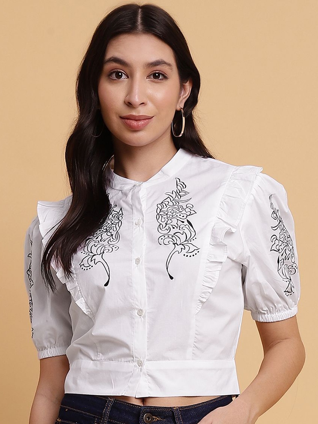 

Sands of India Women Printed Puff Sleeve Cotton Shirt Style Top, White