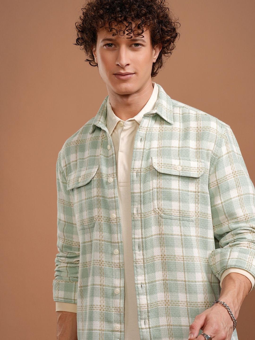

HIGHLANDER Men Spread Collar Tartan Checked Cotton Relaxed Fit Casual Shirt, Green